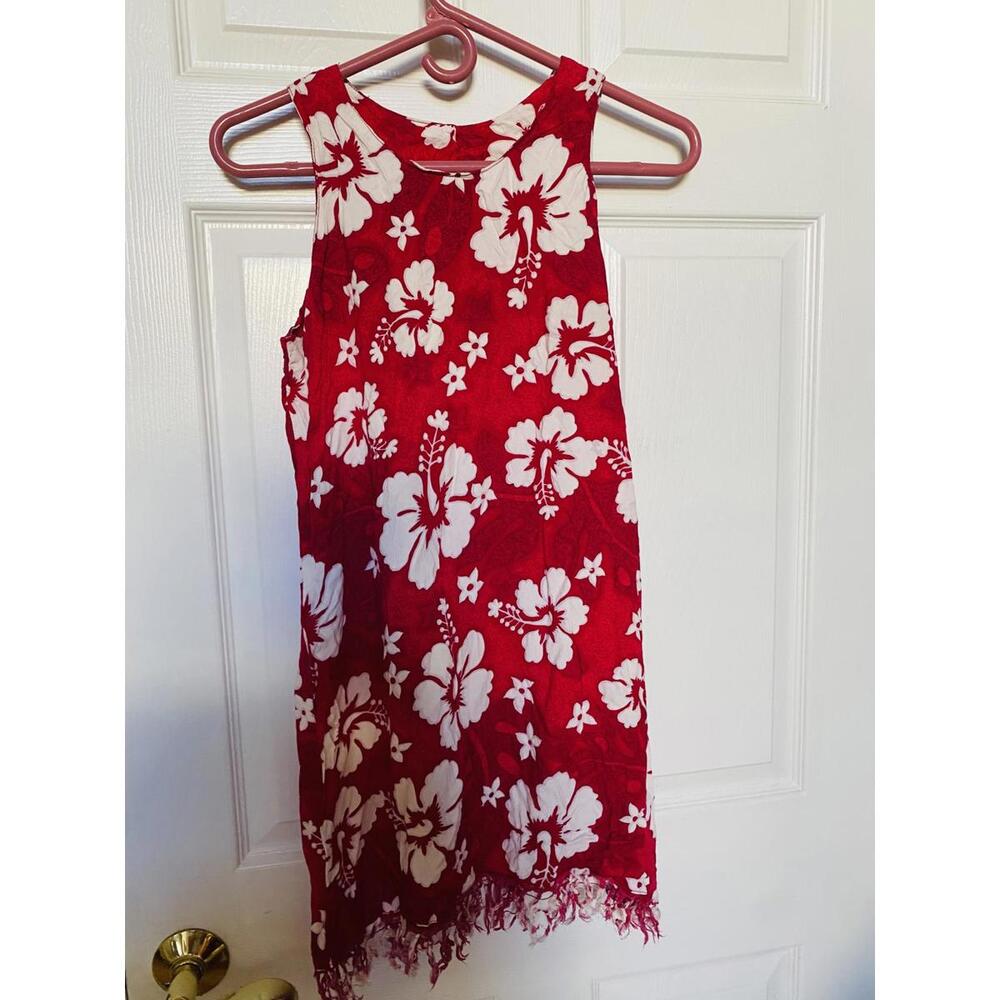 Red Floral Sleeveless Girl Dress with Fringe Hem